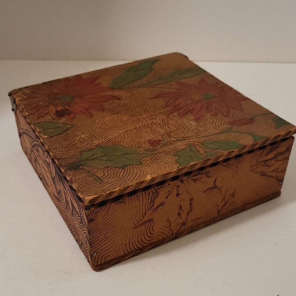 Vintage Handcrafted Pyrography Floral Wooden Box